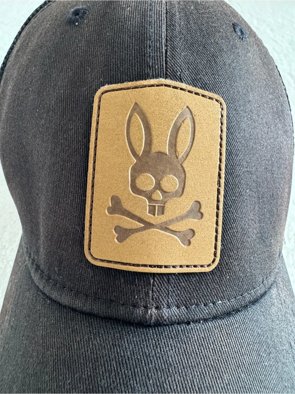 Psycho Bunny Black Back Mesh Trucker Cap Brown Leather Skull Bunny Patch - Picture 4 of 7